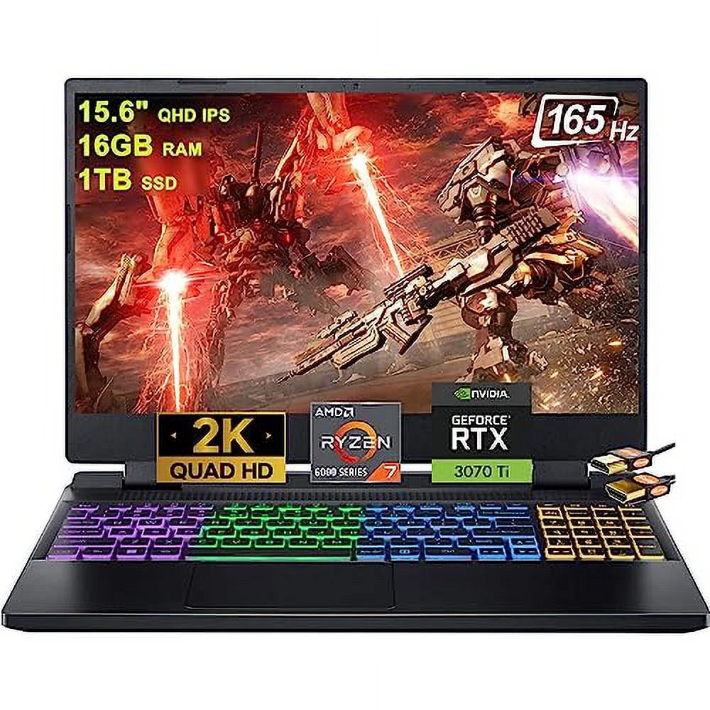 Nitro 5 15 Gaming Laptop 15.6" QHD IPS 165Hz Display AMD Octa-Core Ryzen 7 6800H (Beat I7-11370H) 16GB RAM 1TB SSD Geforce Rtx3070Ti 8GB Graphic RGB Backlit HDMI USB-C Win11Pro Black + HDMI Cable